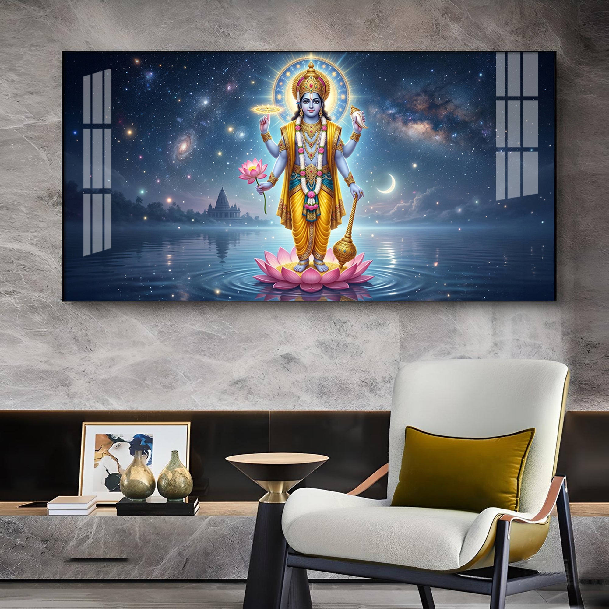 Vishnu Bhagwan Divine Universe Glass Finish Horizontal Wall Art