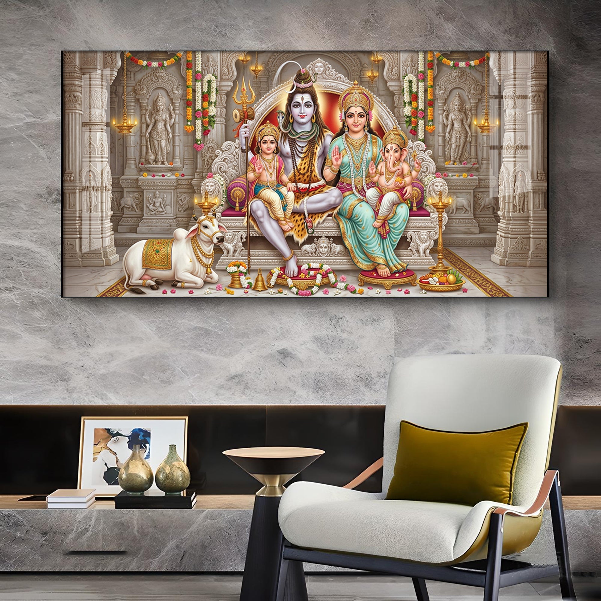 Shiv Parivar Glass Finish Horizontal Wall Art