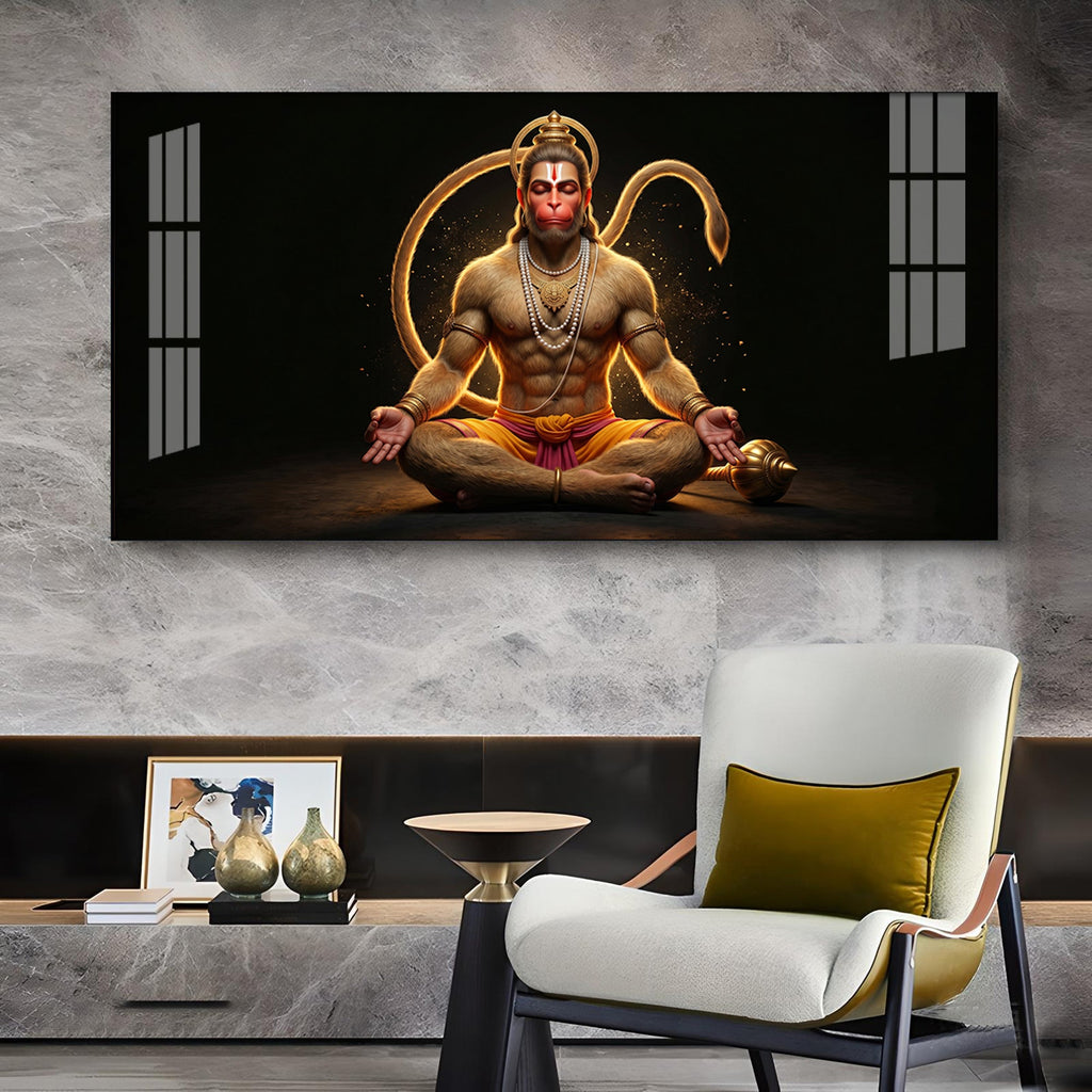 Lord Hanuman In Meditating Pose Glass Finish Horizontal Wall Art