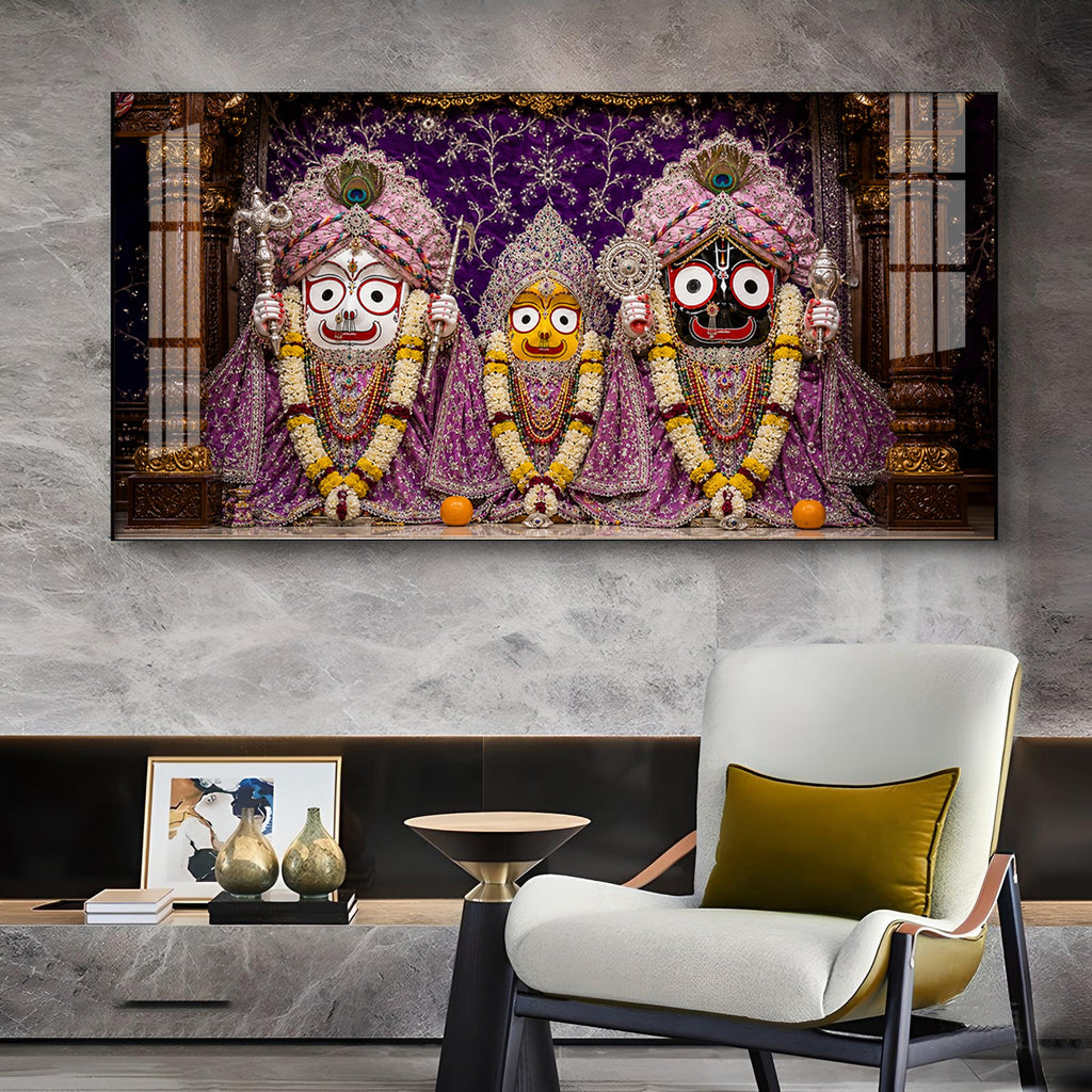 Hindu Deities Lord Jagannath, Subhadra & Balabhadra Glass Finish Horizontal Wall Art
