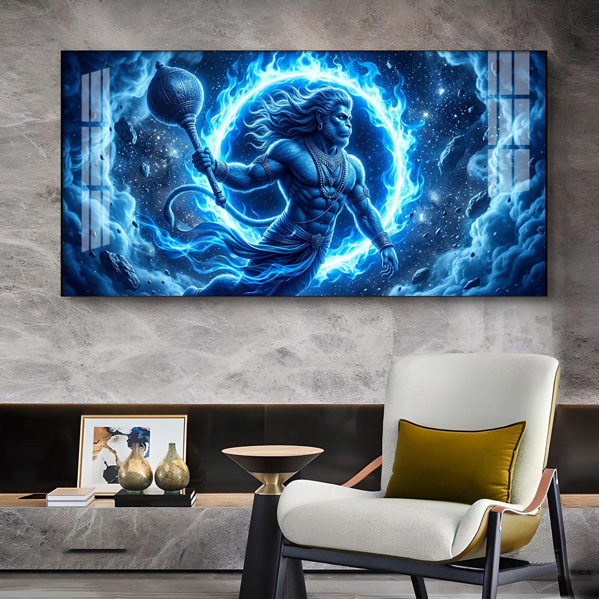 Depicts Lord Hanuman Glass Finish Horizontal Wall Art