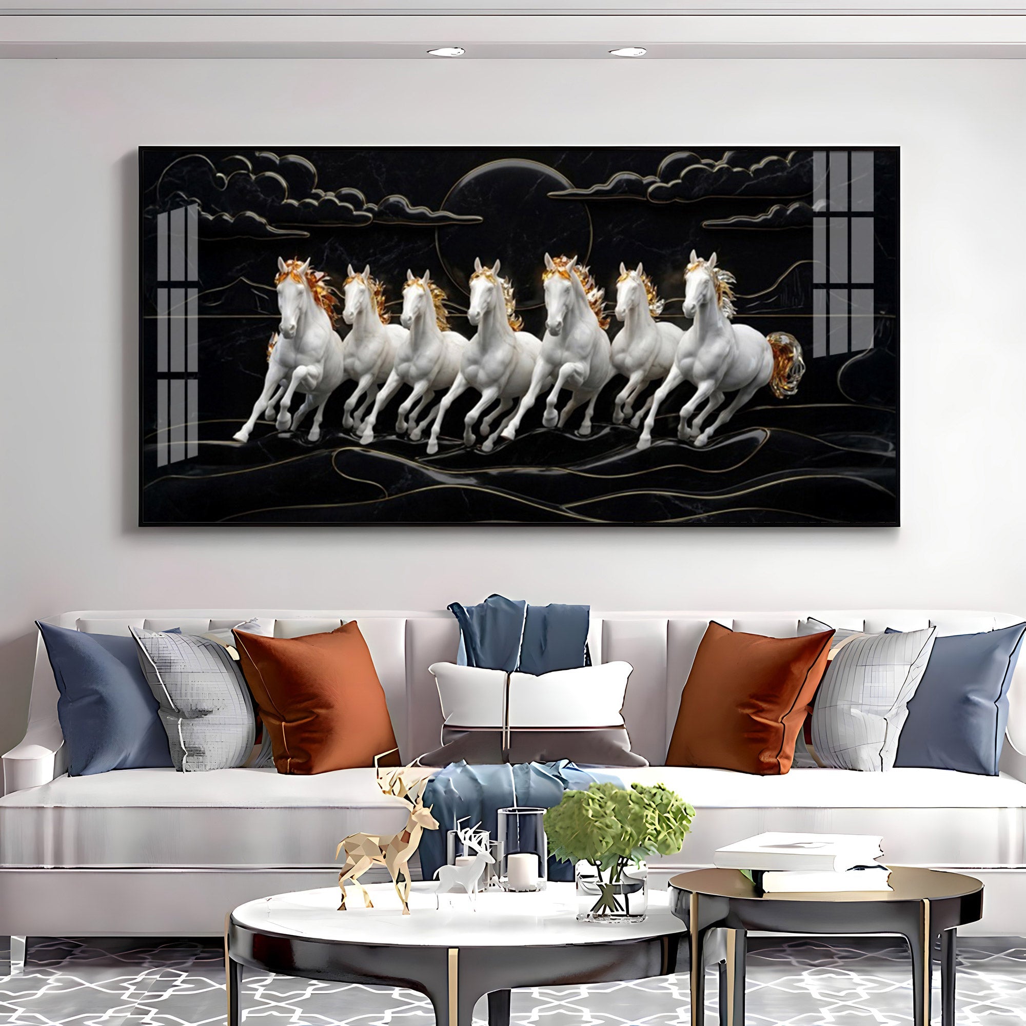 White Seven Horses in the Dark Premium Acrylic Horizontal Wall Art