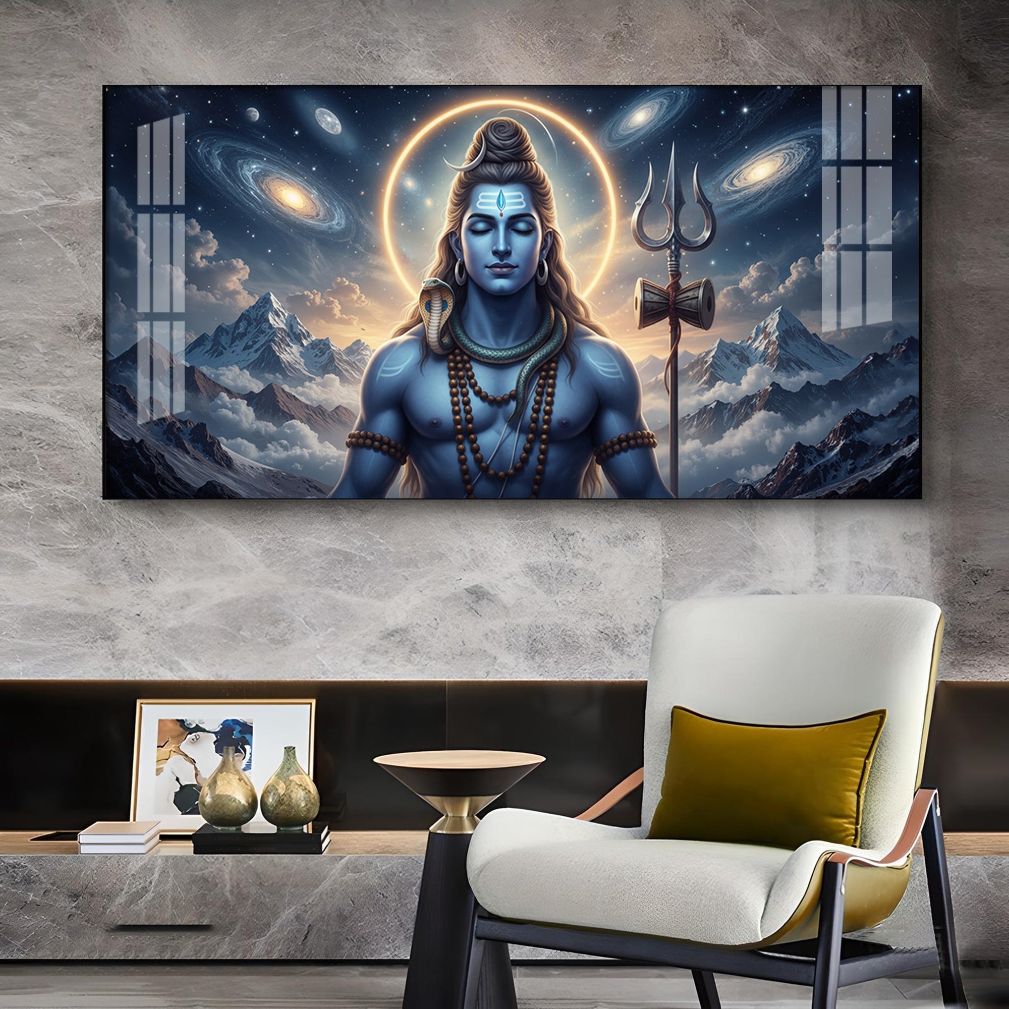 Mediating Bhole Nath Glass Finish Horizontal Wall Art