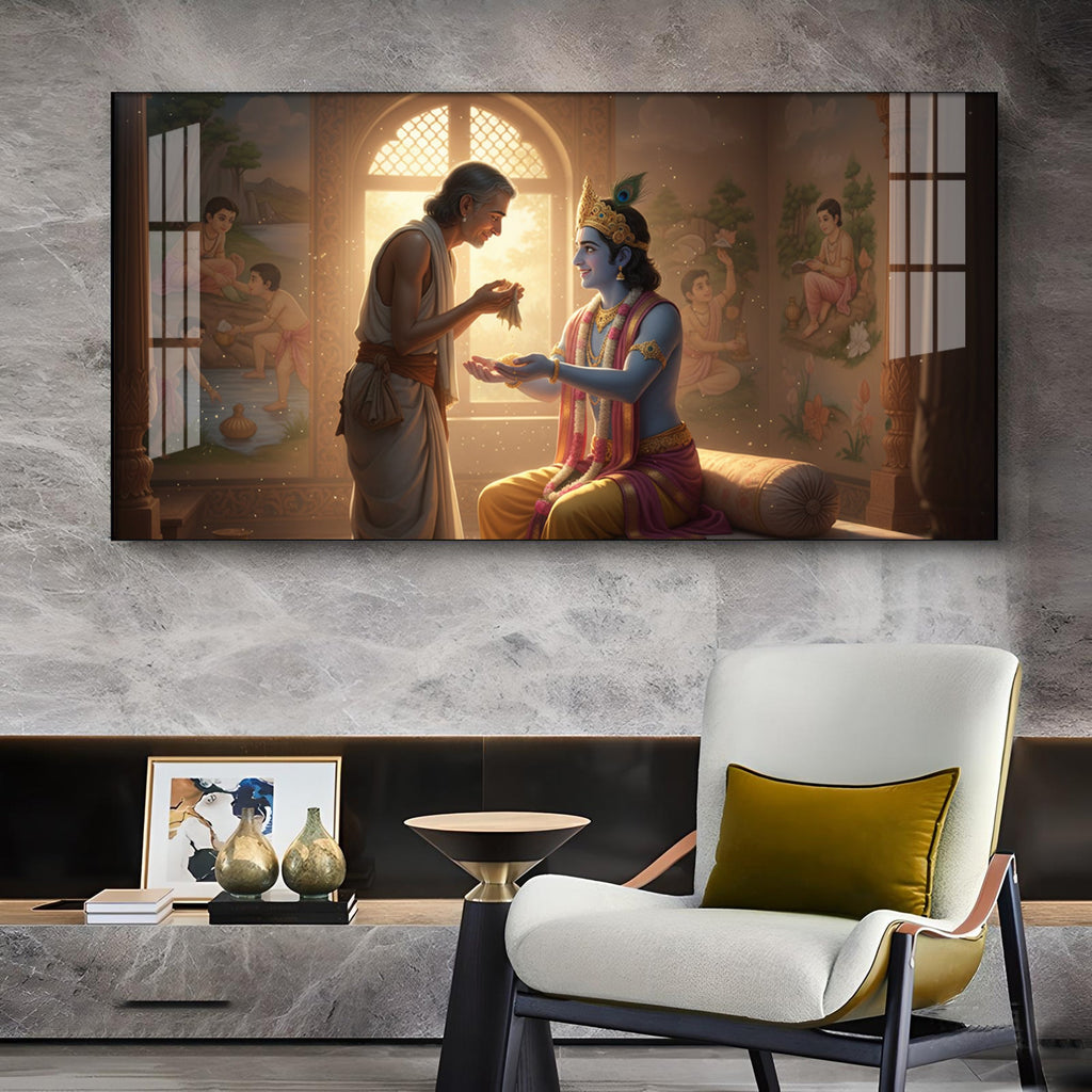 Shree Krishna With Sudama Ji Glass Finish Horizontal Wall Art