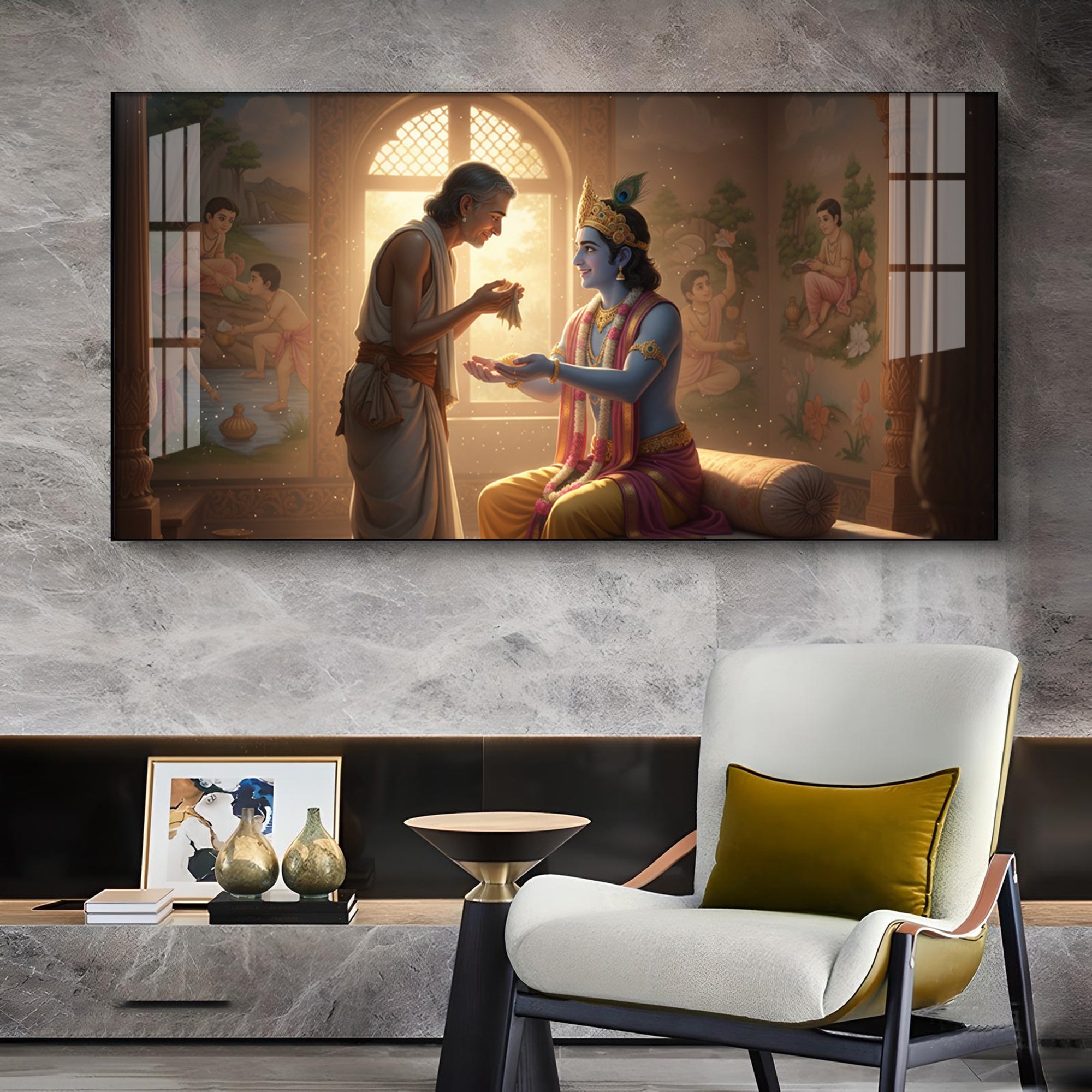 Shree Krishna With Sudama Ji Glass Finish Horizontal Wall Art