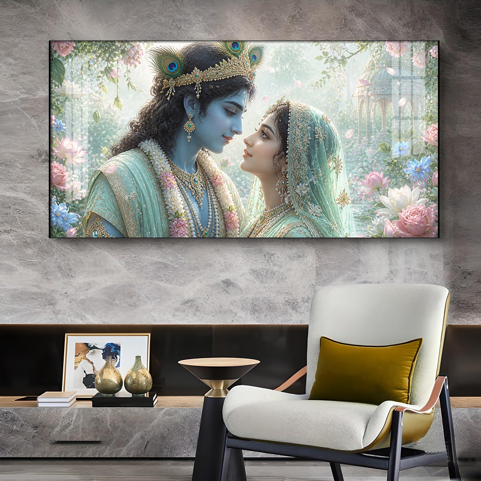 God Radha Krishna Glass Finish Horizontal Wall Art