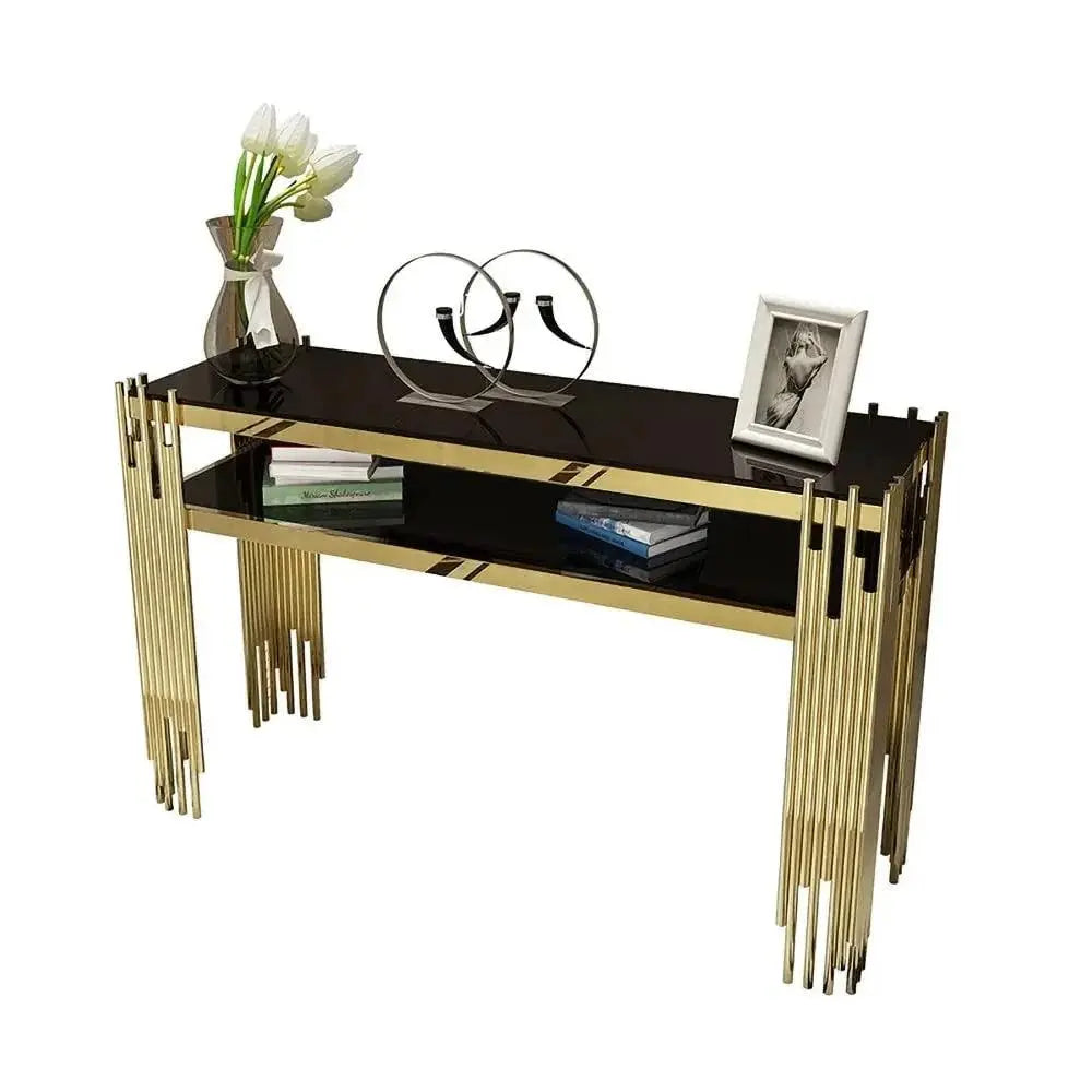 Black Faux Marble 2-Tier Narrow Console Table - Decor Mantra 