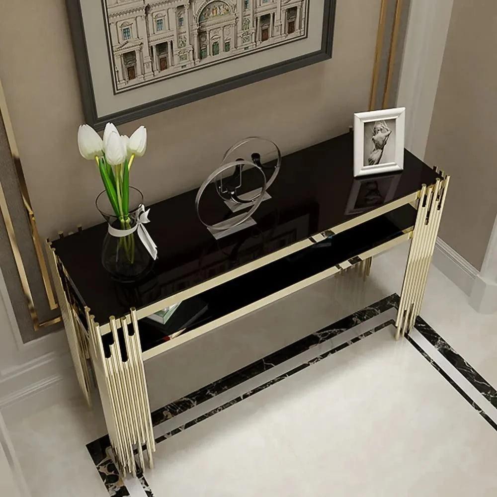 Black Faux Marble 2-Tier Narrow Console Table - Decor Mantra 