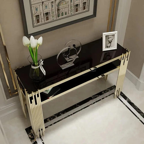 Black Faux Marble 2-Tier Narrow Console Table - Decor Mantra 