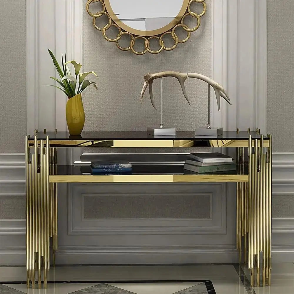 Black Faux Marble 2-Tier Narrow Console Table - Decor Mantra 