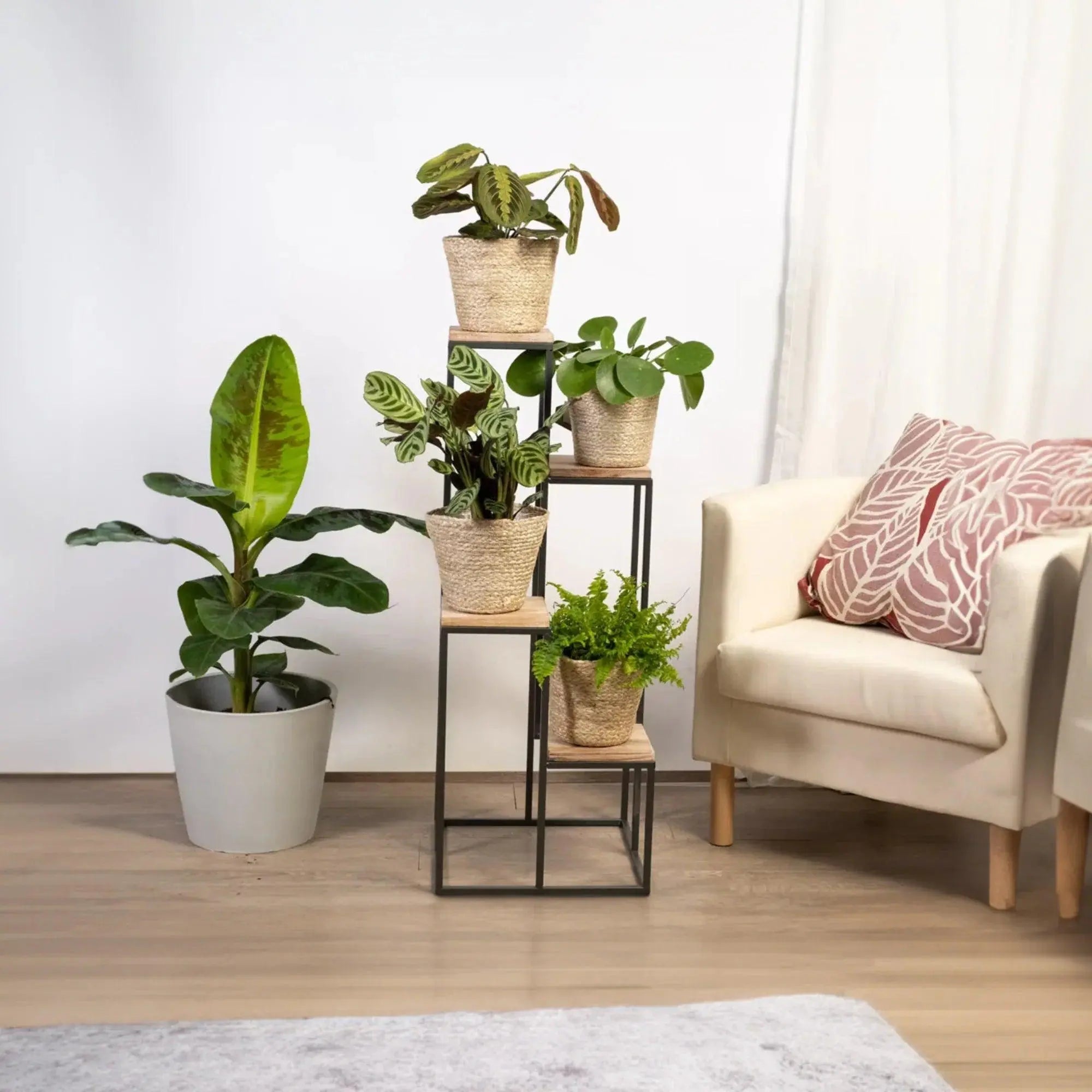 Black Metal Planter Stand with Premium Brown Wooden Shelves- 4 Tier - Decor Mantra 