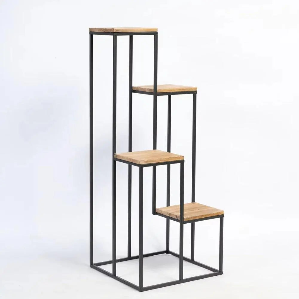 Black Metal Planter Stand with Premium Brown Wooden Shelves- 4 Tier - Decor Mantra 