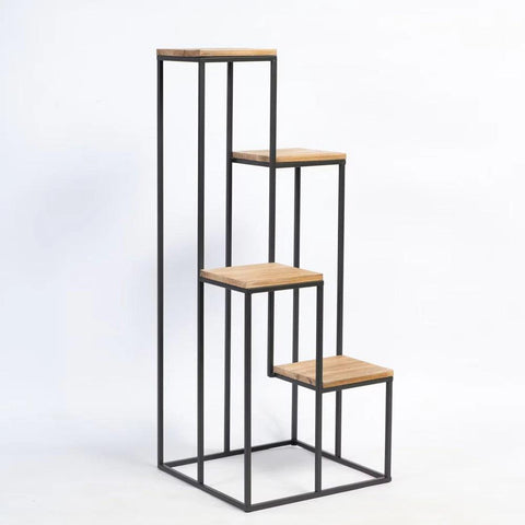 Black Metal Planter Stand with Premium Brown Wooden Shelves- 4 Tier - Decor Mantra 