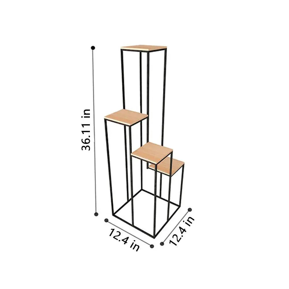 Black Metal Planter Stand with Premium Brown Wooden Shelves- 4 Tier - Decor Mantra 