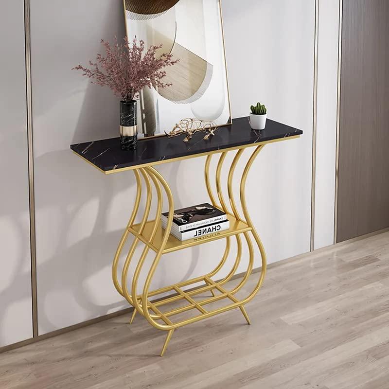 Black Narrow With Shelf Marble Top Console Table - Decor Mantra 