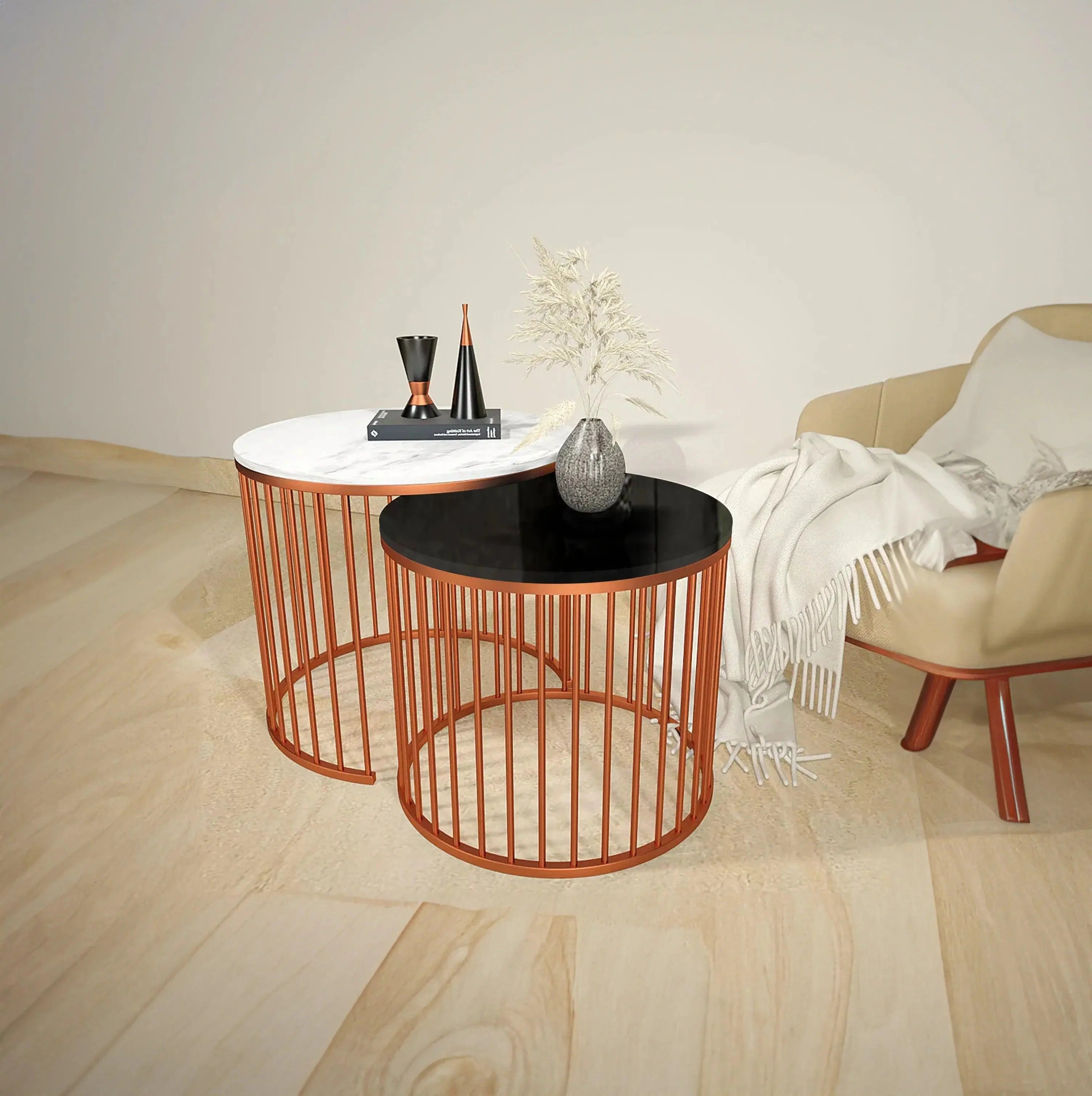 Black & White Caged Copper Nesting Table Set of 2 - Decor Mantra 