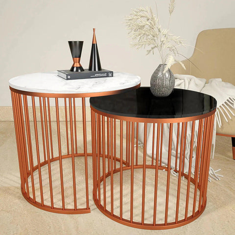 Black & White Caged Copper Nesting Table Set of 2 - Decor Mantra 