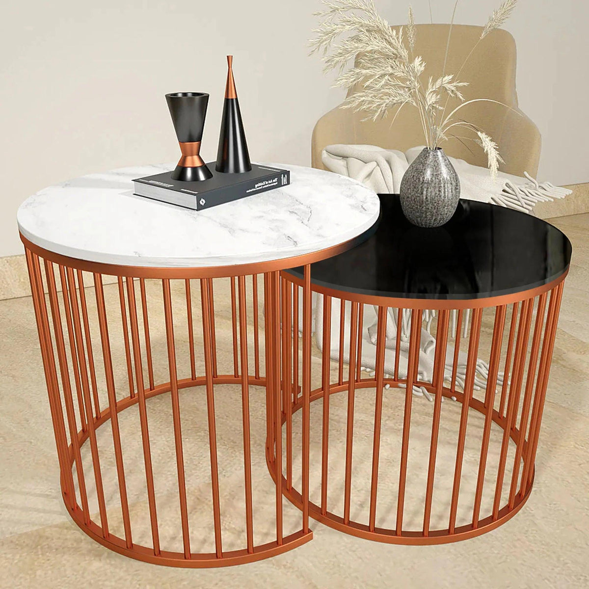 Black & White Caged Copper Nesting Table Set of 2 - Decor Mantra 