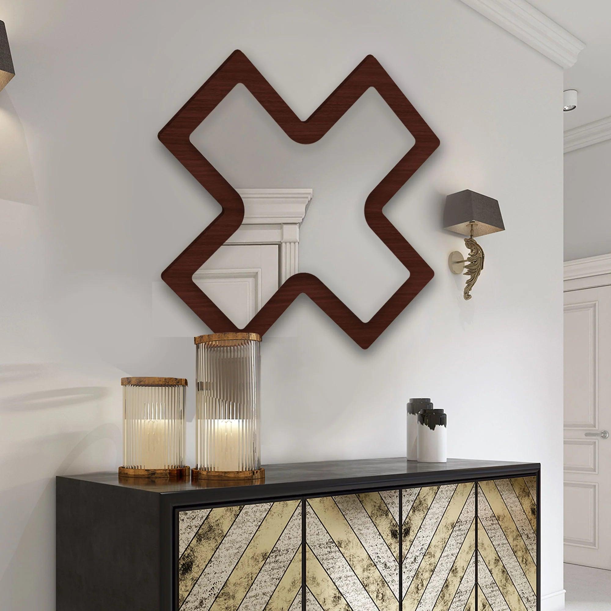 Brown Cross Shape Decoration Item Wooden Wall Mirror - Decor Mantra 