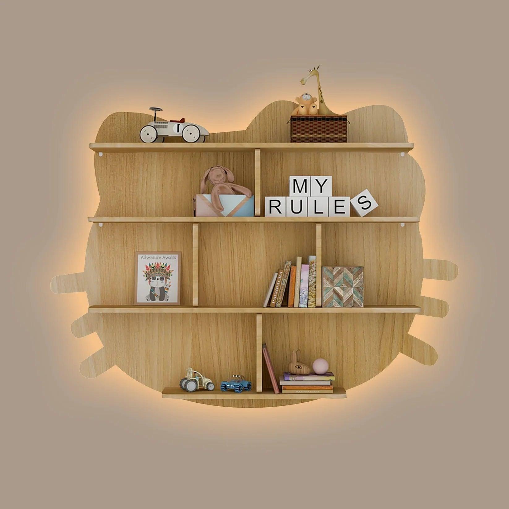Cat Shape Backlit Designer Wooden Wall Shelf / Book Shelf / Night Light, Oak Finish - Decor Mantra 