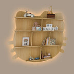 Cat Shape Backlit Designer Wooden Wall Shelf / Book Shelf / Night Light, Oak Finish - Decor Mantra 