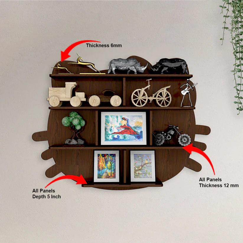 Cat Shape Backlit Designer Wooden Wall Shelf / Book Shelf / Night Light, Walnut Finish - Decor Mantra 