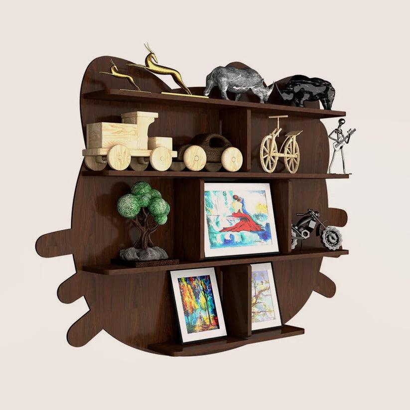 Cat Shape Backlit Designer Wooden Wall Shelf / Book Shelf / Night Light, Walnut Finish - Decor Mantra 