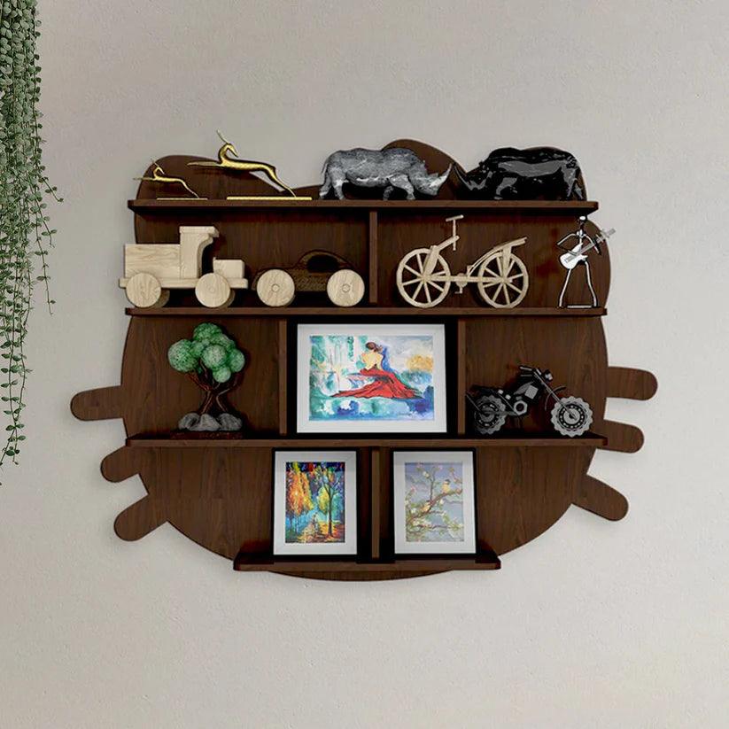 Cat Shape Backlit Designer Wooden Wall Shelf / Book Shelf / Night Light, Walnut Finish - Decor Mantra 