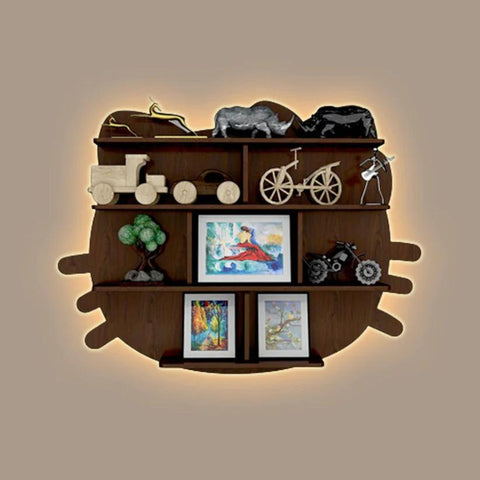 Cat Shape Backlit Designer Wooden Wall Shelf / Book Shelf / Night Light, Walnut Finish - Decor Mantra 