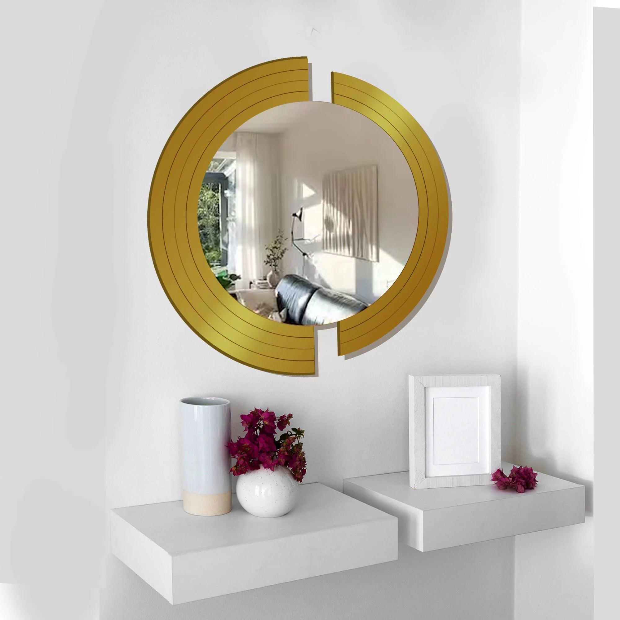 Circle In 2 Pieces Design Wood Wall Mirror With Gold Texture - Decor Mantra 