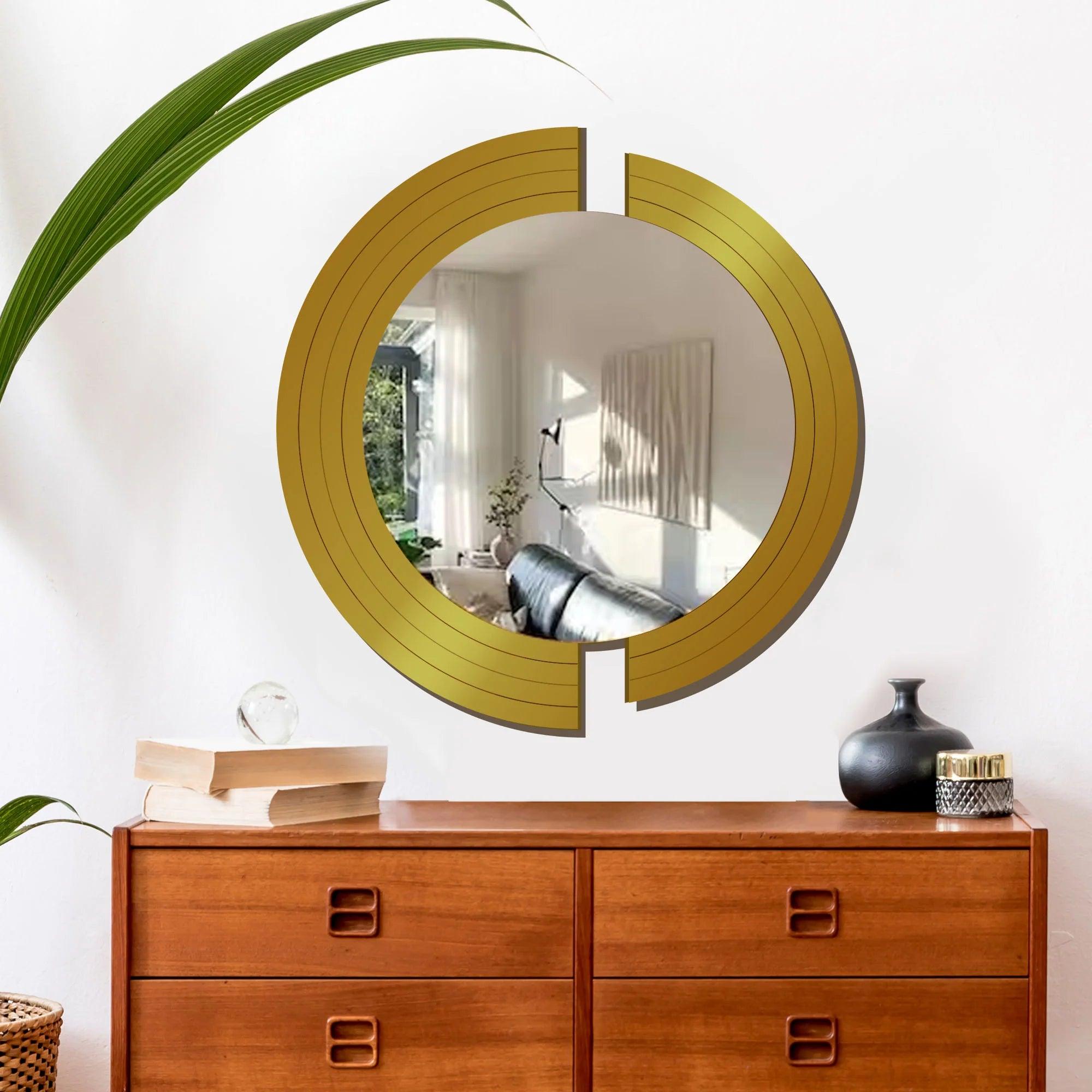 Circle In 2 Pieces Design Wood Wall Mirror With Gold Texture - Decor Mantra 