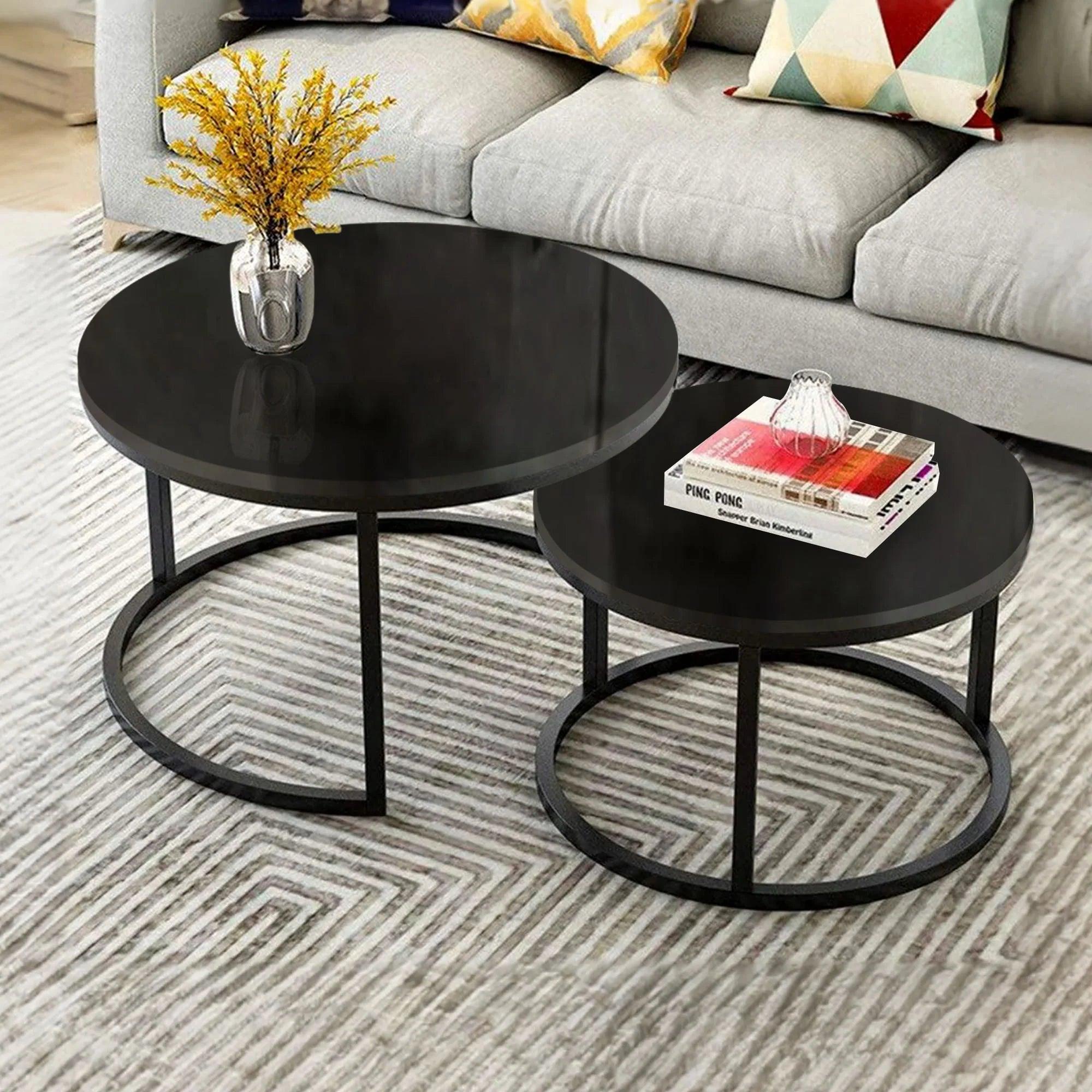 Classic Black with Black Metallic Finish Round Coffee Table Set of 2 - Decor Mantra 