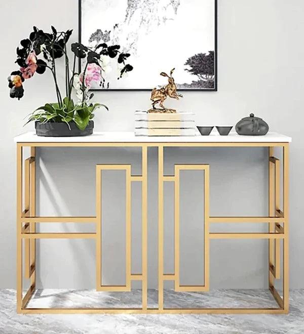 Classic Console Table with White Marble in Golden Metal Finish - Decor Mantra 