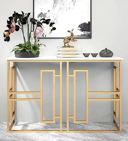 Classic Console Table with White Marble in Golden Metal Finish - Decor Mantra 