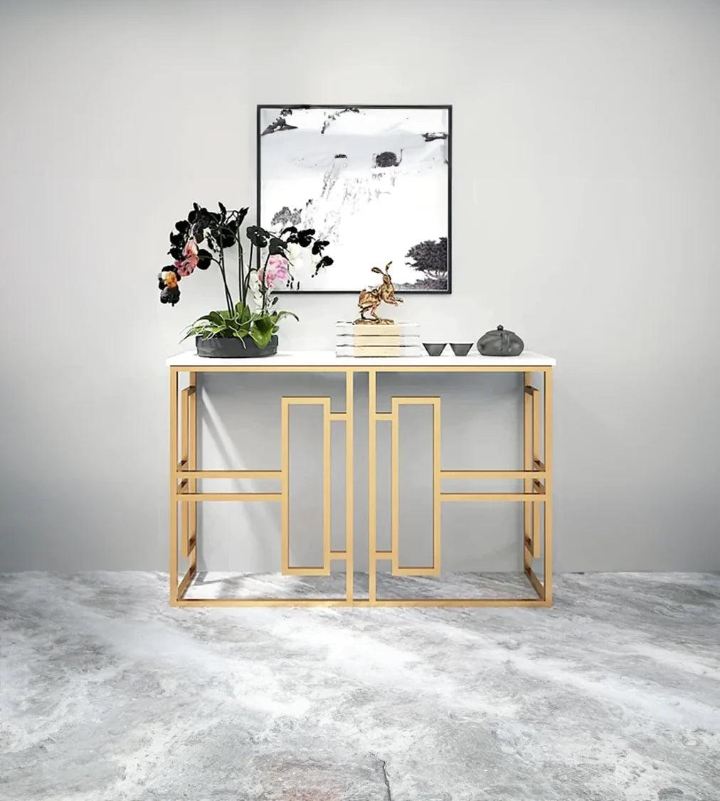 Classic Console Table with White Marble in Golden Metal Finish - Decor Mantra 