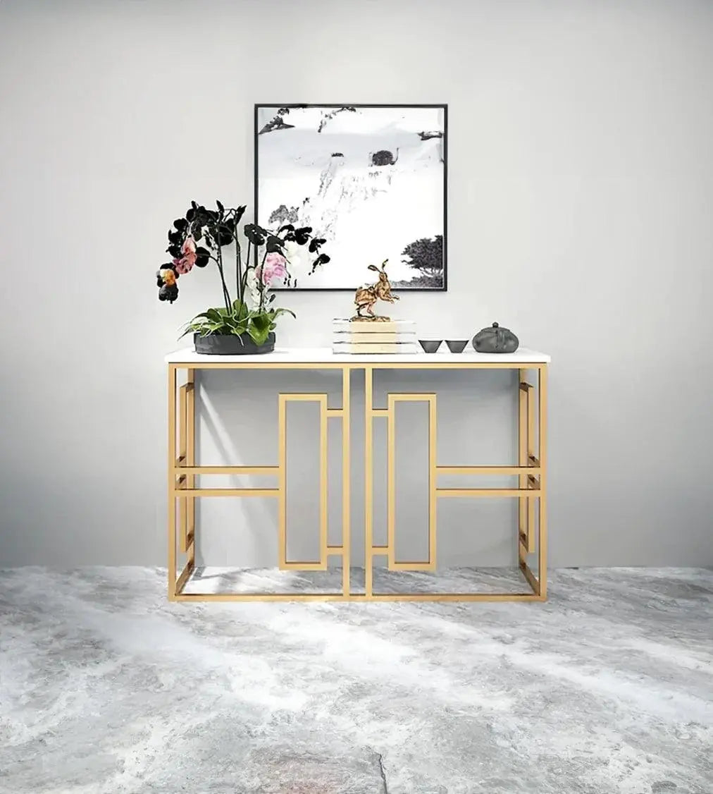 Classic Console Table with White Marble in Golden Metal Finish - Decor Mantra 