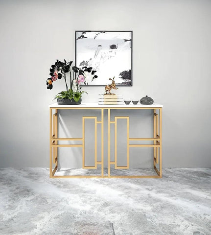 Classic Console Table with White Marble in Golden Metal Finish - Decor Mantra 