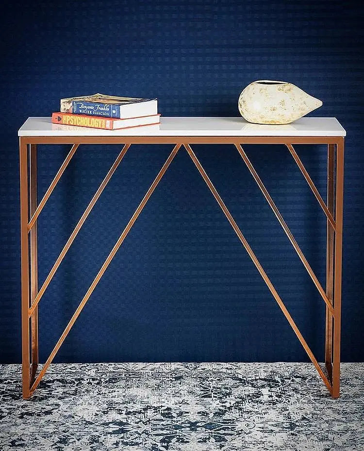 Classic Design Console Table White Rectangular Shape with Copper Metal Finish Decor Mantra
