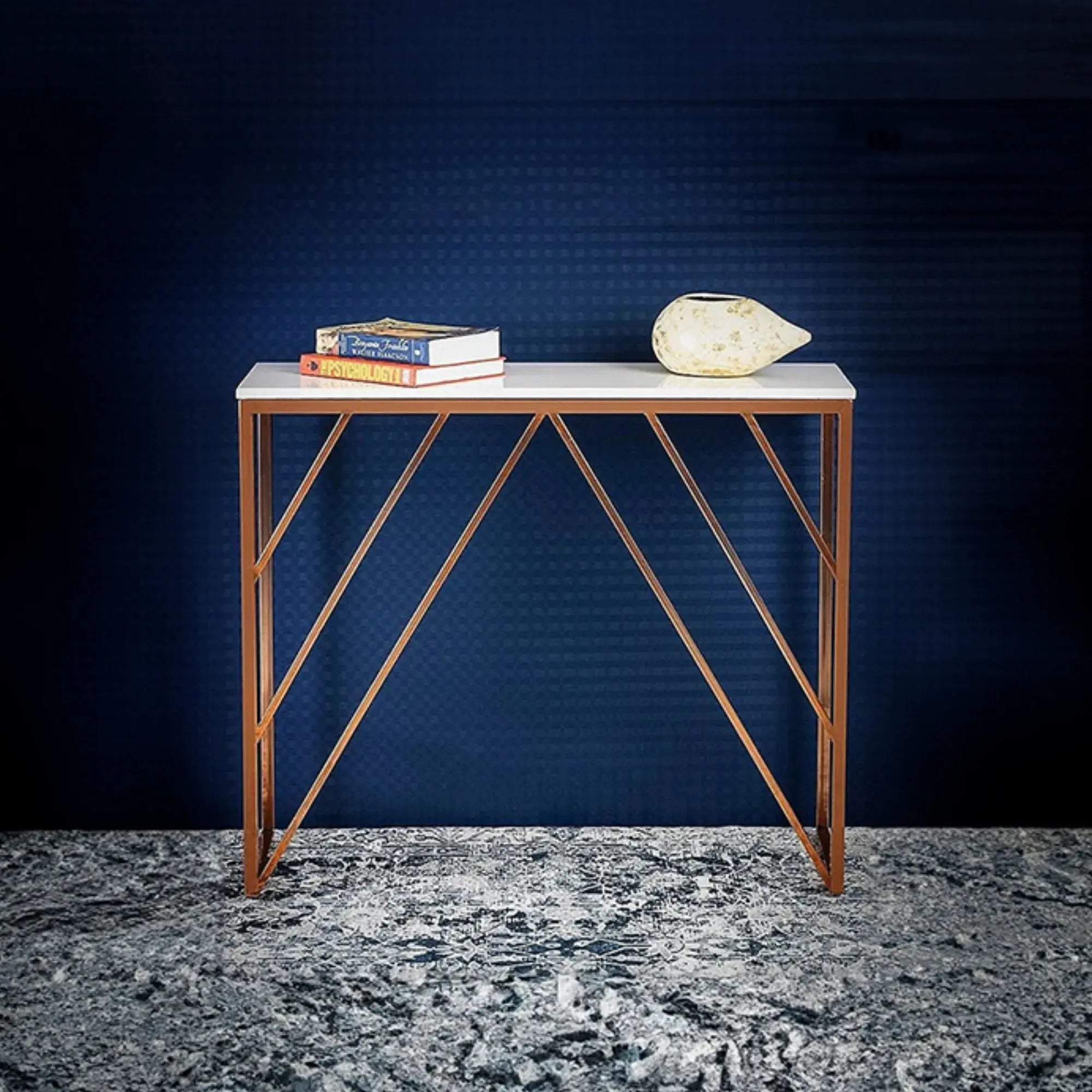 Classic Design Console Table White Rectangular Shape with Copper Metal Finish Decor Mantra