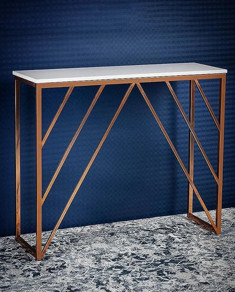 Classic Design Console Table White Rectangular Shape with Copper Metal Finish Decor Mantra