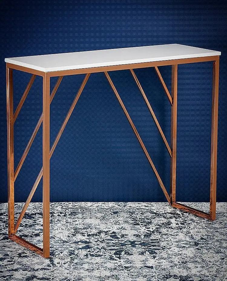 Classic Design Console Table White Rectangular Shape with Copper Metal Finish Decor Mantra