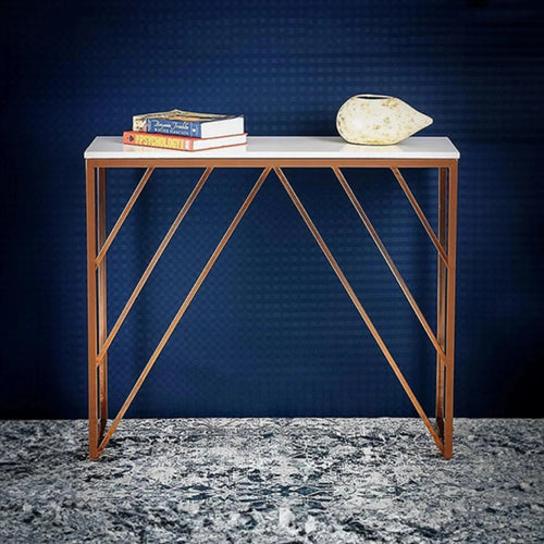 Classic Design Console Table White Rectangular Shape with Copper Metal Finish Decor Mantra