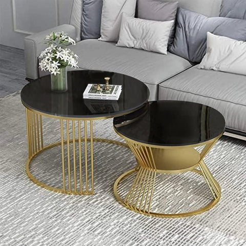 Classic Tethered Metallic Black Marble Table Set of 2 - Decor Mantra 