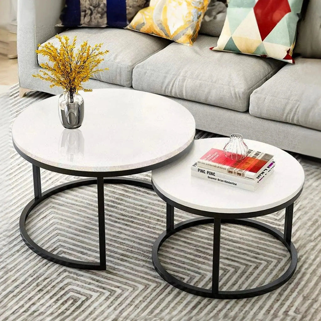 Classic White with Black Metallic Finish Round Coffee Table Set of 2 - Decor Mantra 