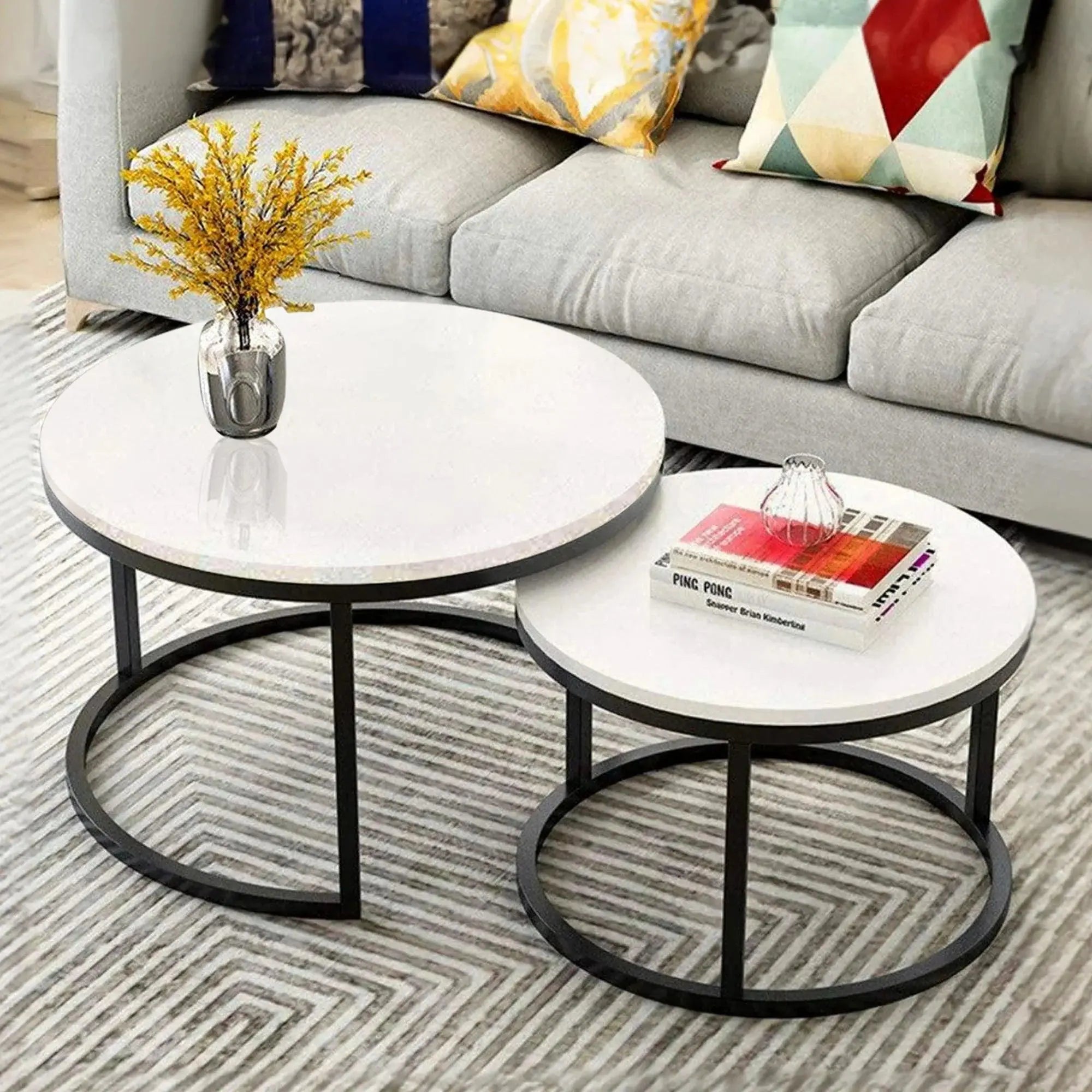 Classic White with Black Metallic Finish Round Coffee Table Set of 2 - Decor Mantra 