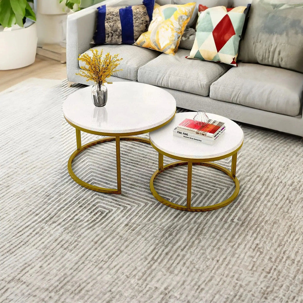 Classic White with Golden Metallic Finish Round Coffee Table Set of 2 - Decor Mantra 