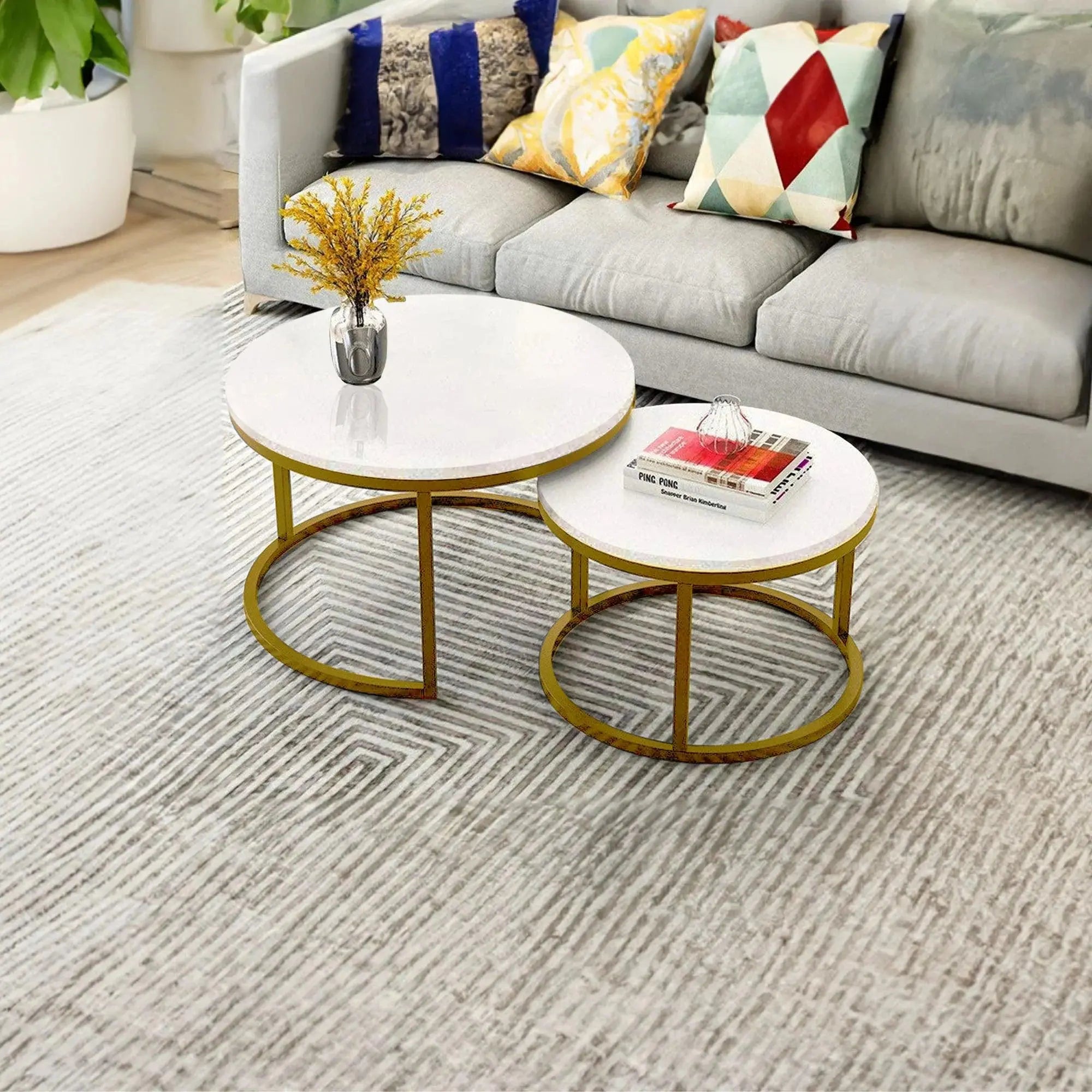 Classic White with Golden Metallic Finish Round Coffee Table Set of 2 - Decor Mantra 