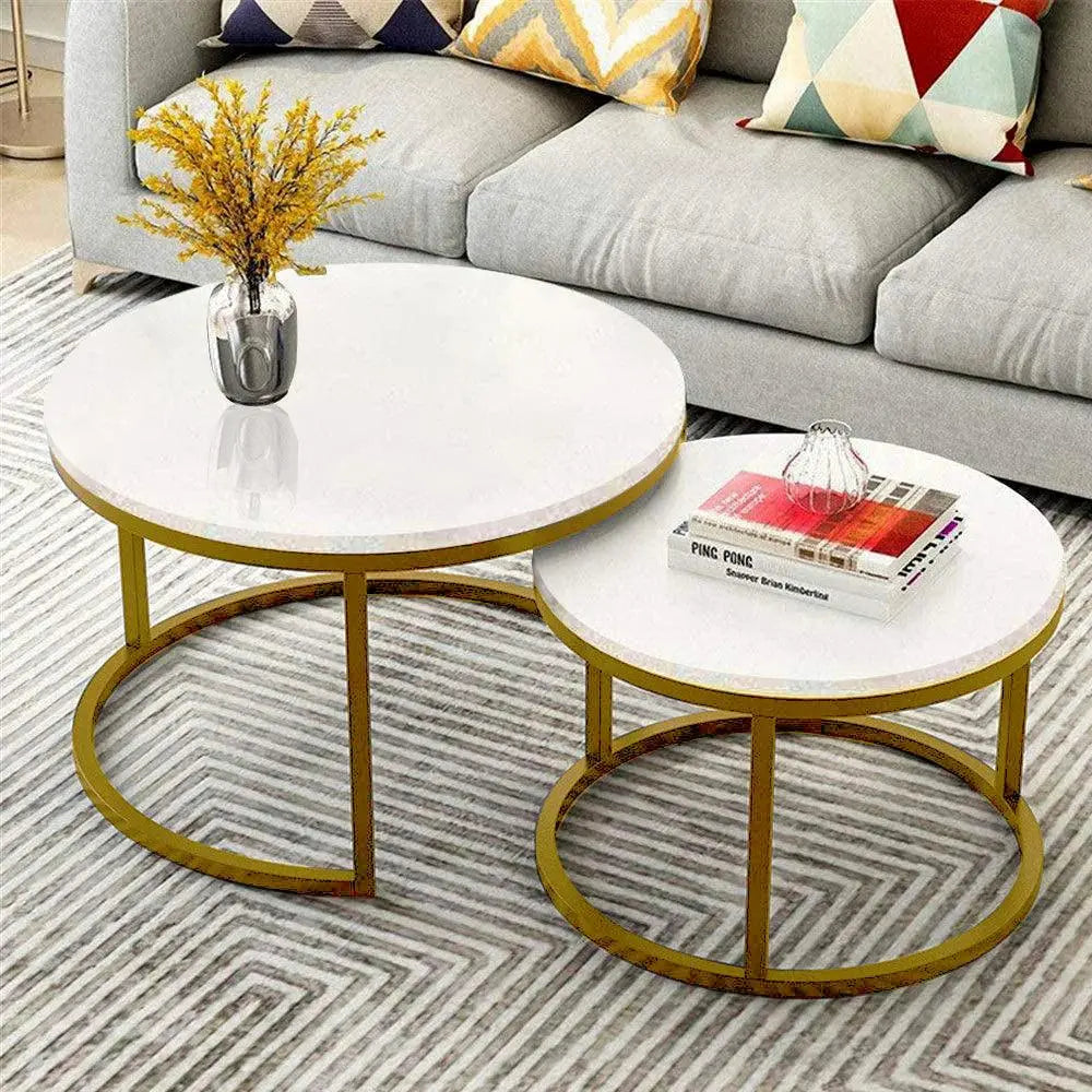 Classic White with Golden Metallic Finish Round Coffee Table Set of 2 - Decor Mantra 