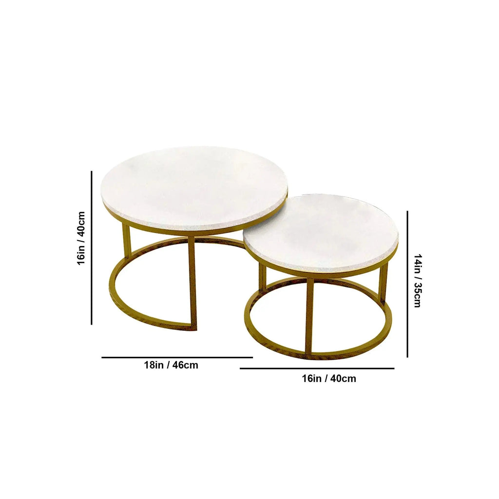 Classic White with Golden Metallic Finish Round Coffee Table Set of 2 - Decor Mantra 
