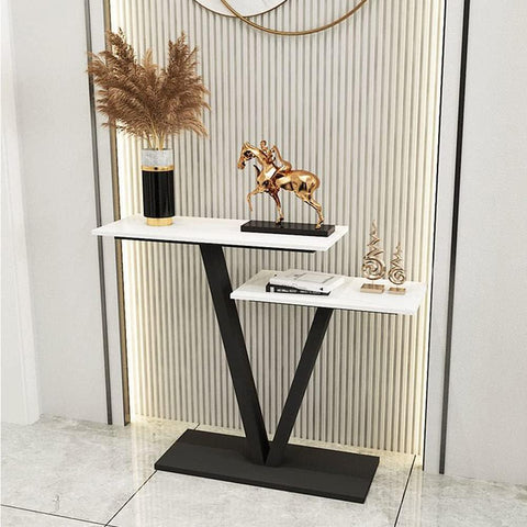 Contemporary 2 Tier White Marble Black Console Table - Decor Mantra 
